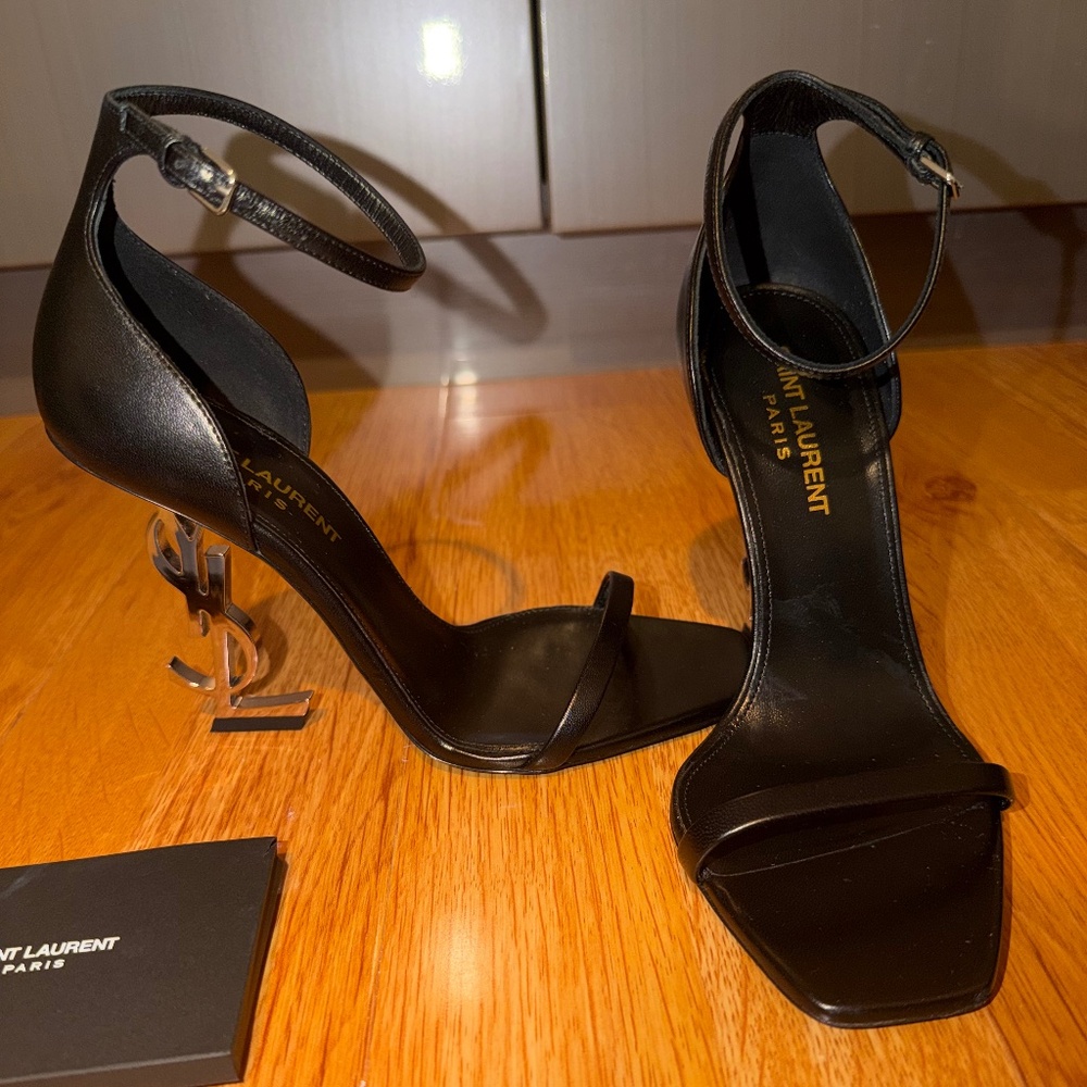 Saint Laurent YSL Logo Heel Sandals in Black WILLING TO NEGOTIATE